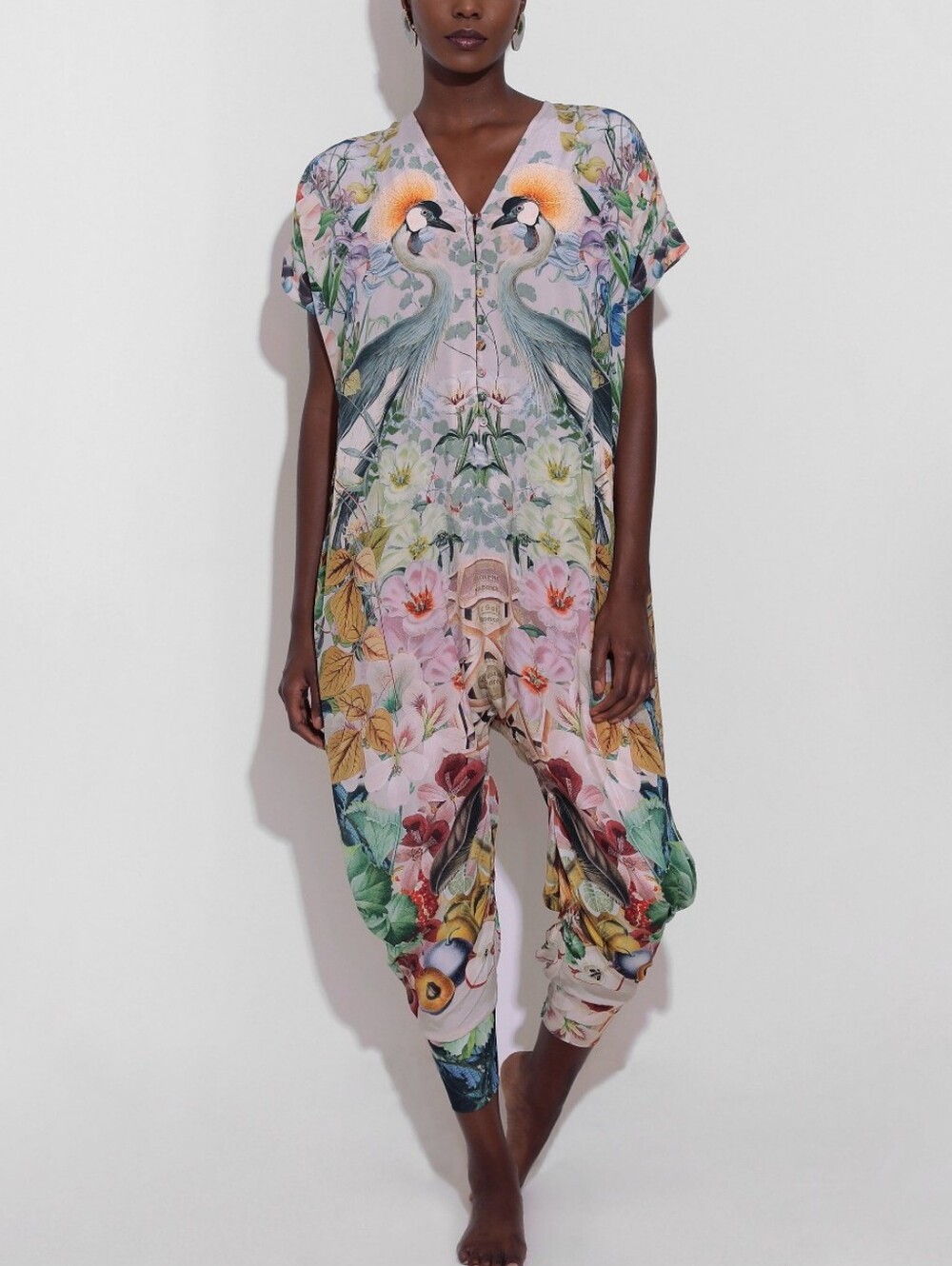 Carolina K Sera Jumpsuit in Crowned Cranes Print Size XS Oversized Eclectic
